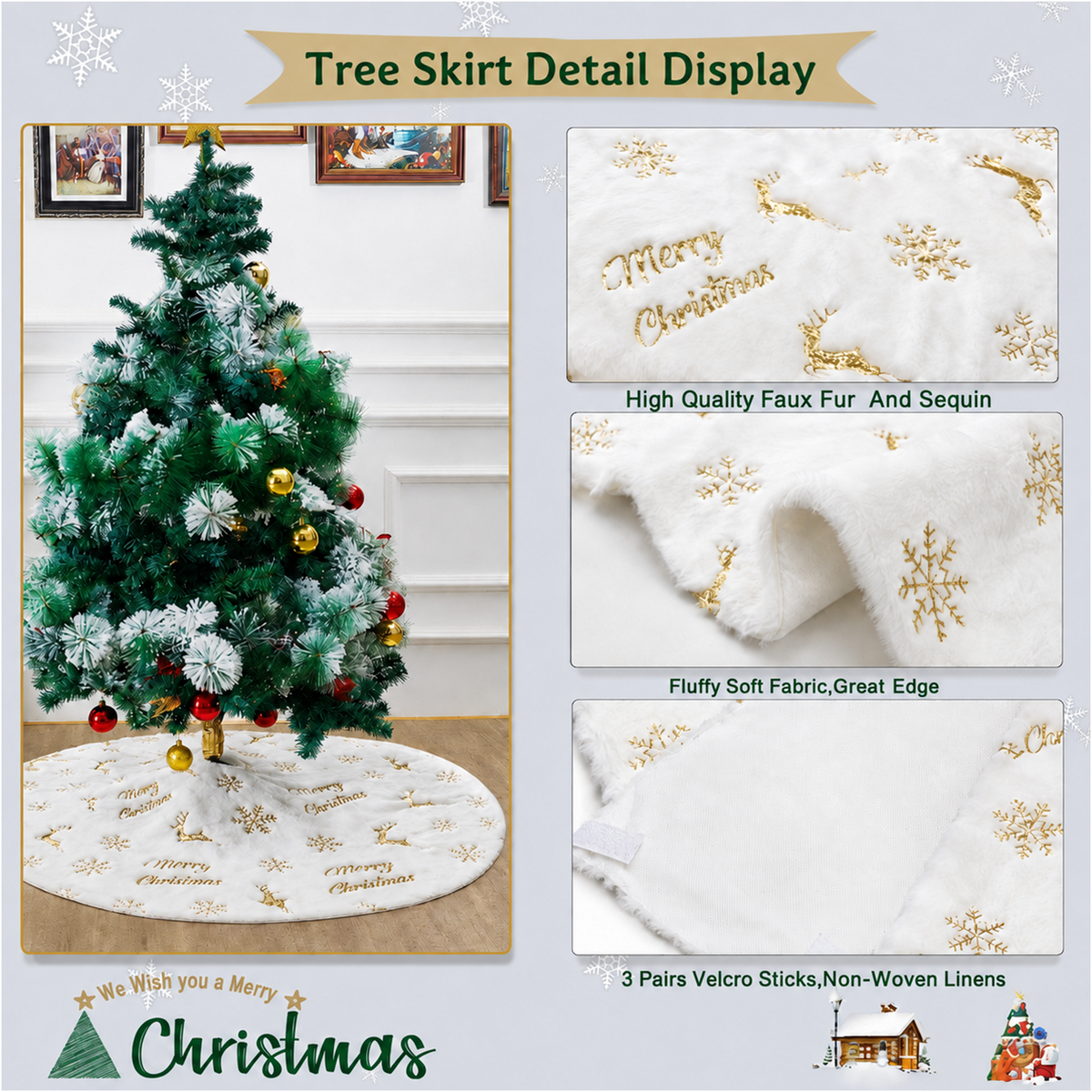 PUCACHI 48in Christmas Tree Skirt,White Faux Fur Christmas Tree Skirt with Gold Sequin Snowflakes & Deers,Large Plush Tree Skirts for Xmas Holiday Party Decorations