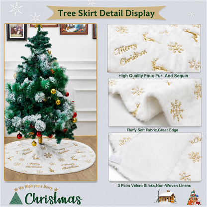 PUCACHI 48in Christmas Tree Skirt,White Faux Fur Christmas Tree Skirt with Gold Sequin Snowflakes & Deers,Large Plush Tree Skirts for Xmas Holiday Party Decorations
