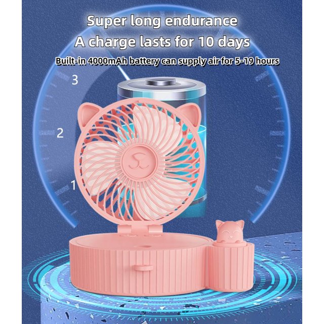 Sevenlady Portable Fan, 5in Foldable Desktop Fan, Battery Powered Personal Air Cooling Fan and Humidifier with 3 Speeds 7 Colors for Room, Office, Camping Accessory, White