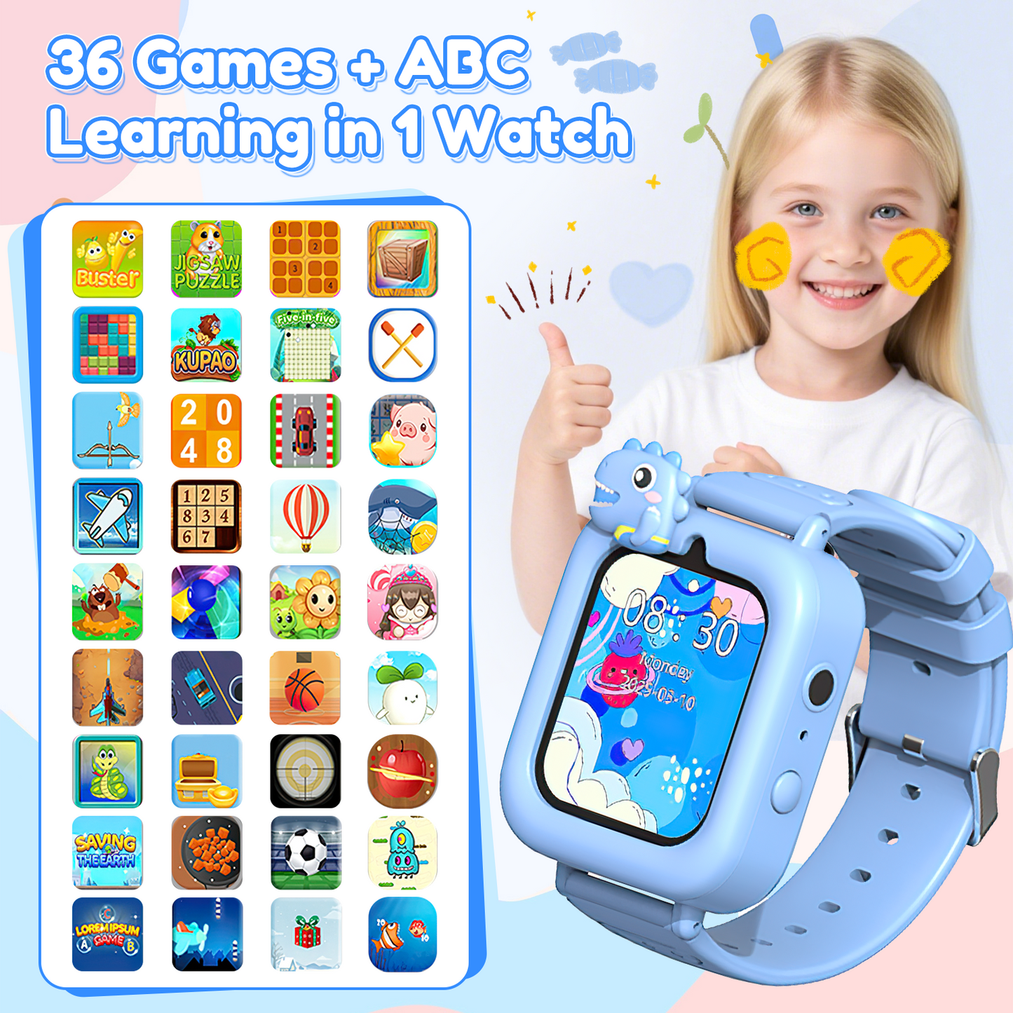 Henotian 1.83" Kids Smart Watch for Girls HD Touch Screen with 39 Educational Games, Camera, Pedometer, Alarm Clock, ABC LeaLearning, Music Player, Birthday Gift for Boys Girls Ages 5-12 with 32GB Memory Card
