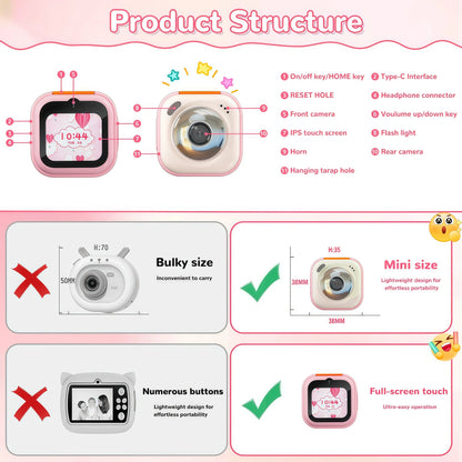 Teblint Mini Kids Camera with Virtual Pet & Learning Apps, 1.8" Touchscreen Kids Digital Camera, Educational Toy with Stories, Games, Christmas Birthday Gift for Boys Girls Age 3-12, Pink