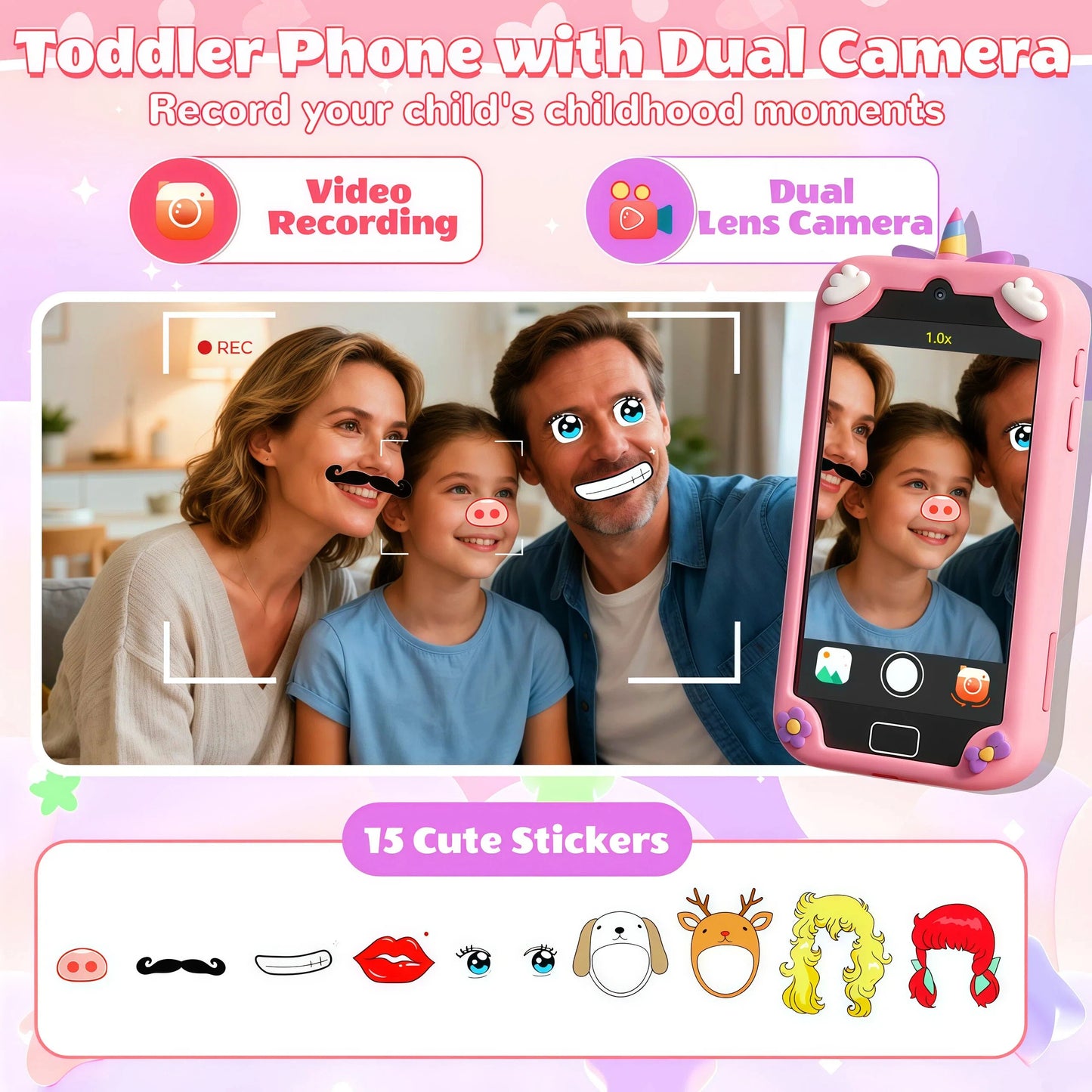 Teblint Kids Smart Phone with Holographic Pyramid, 4" Touchscreen Toddler Learning Play Toy, Kids Cell Phone Toy with 32 GB Card, Christmas Birthday Gift for Ages 3-12, Dual Camera, Music Player