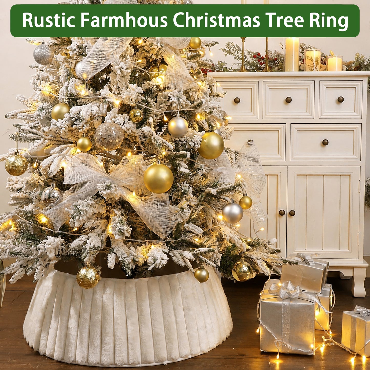 PUCACHI Christmas Tree Collar,Rustic White Luxury Plush Faux Fur AdjustableTree Ring with Stripe Textured Pattern,23-28in Boho Tree Collar Fits for a 4 - 6 Ft Christmas Tree Decor