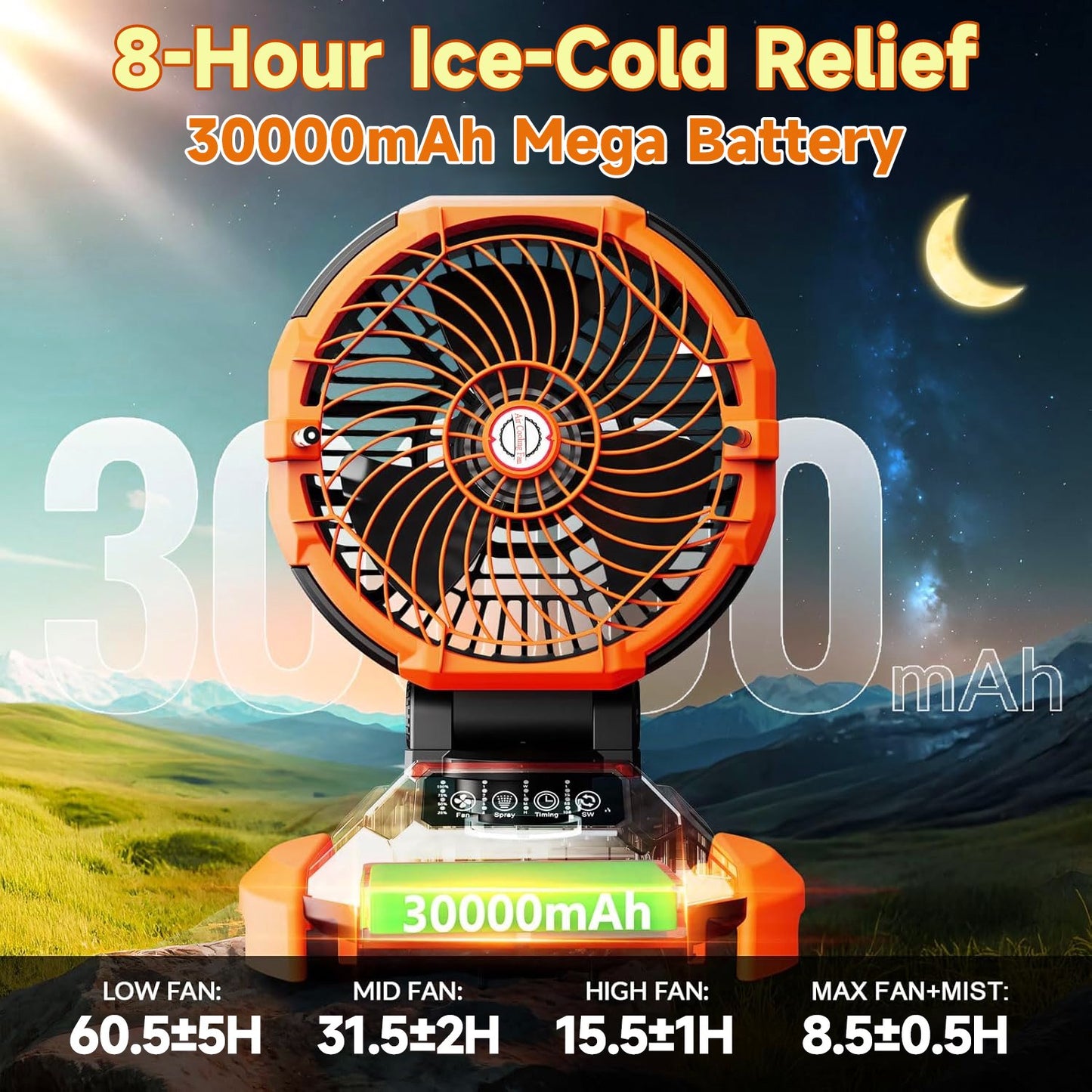 Portable Misting Fan - 30000mAh Battery Powered, 4-Speed Cooling Fan with Adjustable Spray, 120° Oscillation for Camping, Patio, Adjustable Base for 10-13in Water Tank(No Bucket Included)