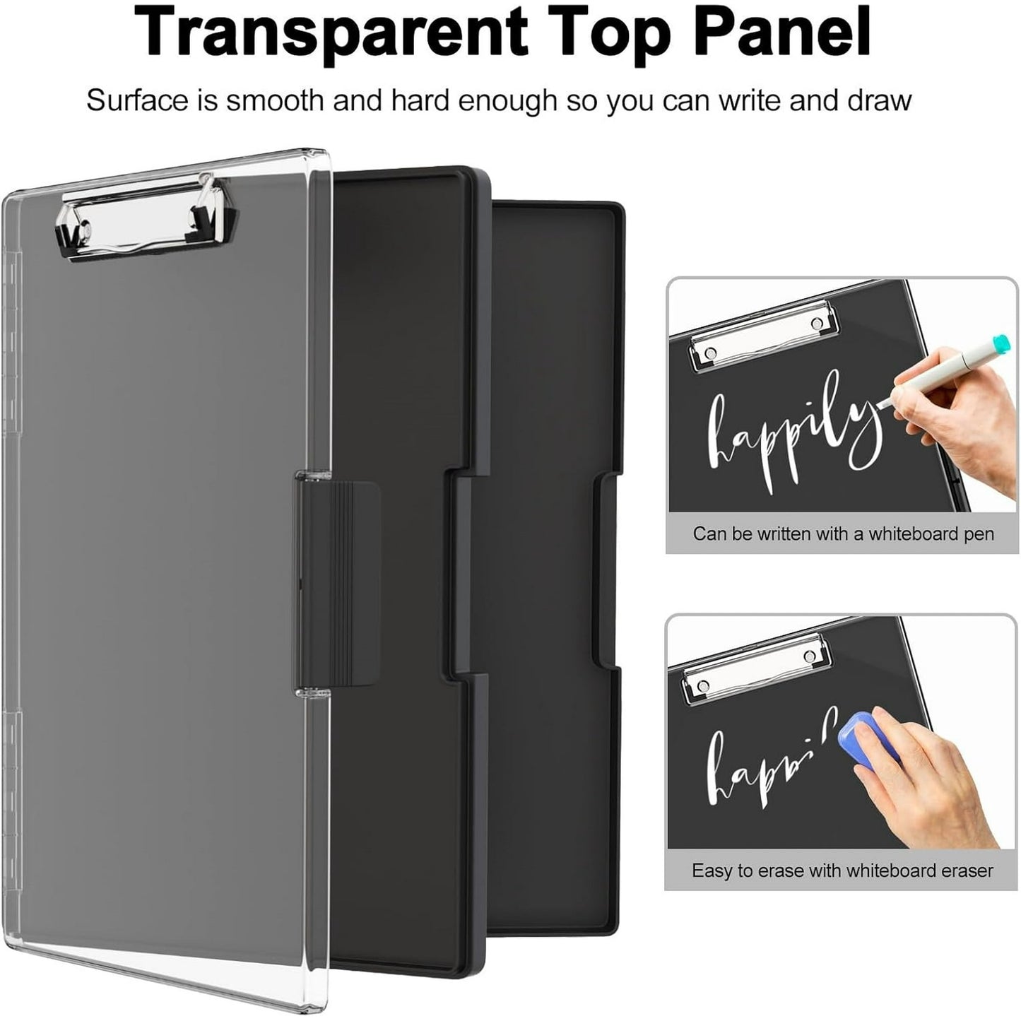 PUCACHI Clipboard with 2 Storage, 8.5x11 Heavy Duty Clip Boards , A4 Paper Folder, Side Opening Plastic Nursing Clip Case,Office Supplies -Black