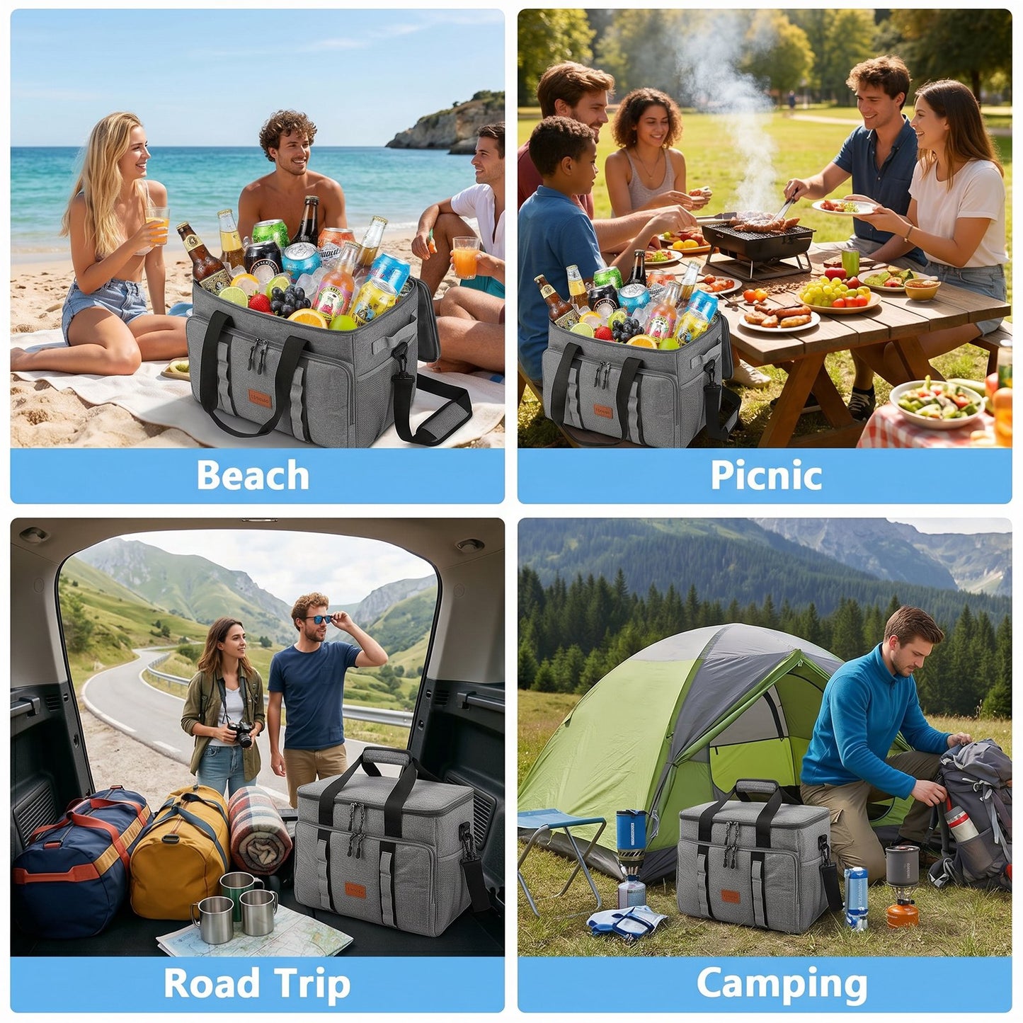 Merryhome 60 Can Collapsible Soft Sided Cooler Bag, Leakproof Insulated Portable Cooler for Beach, Camping, Travel, Picnic and Grocery, Gray