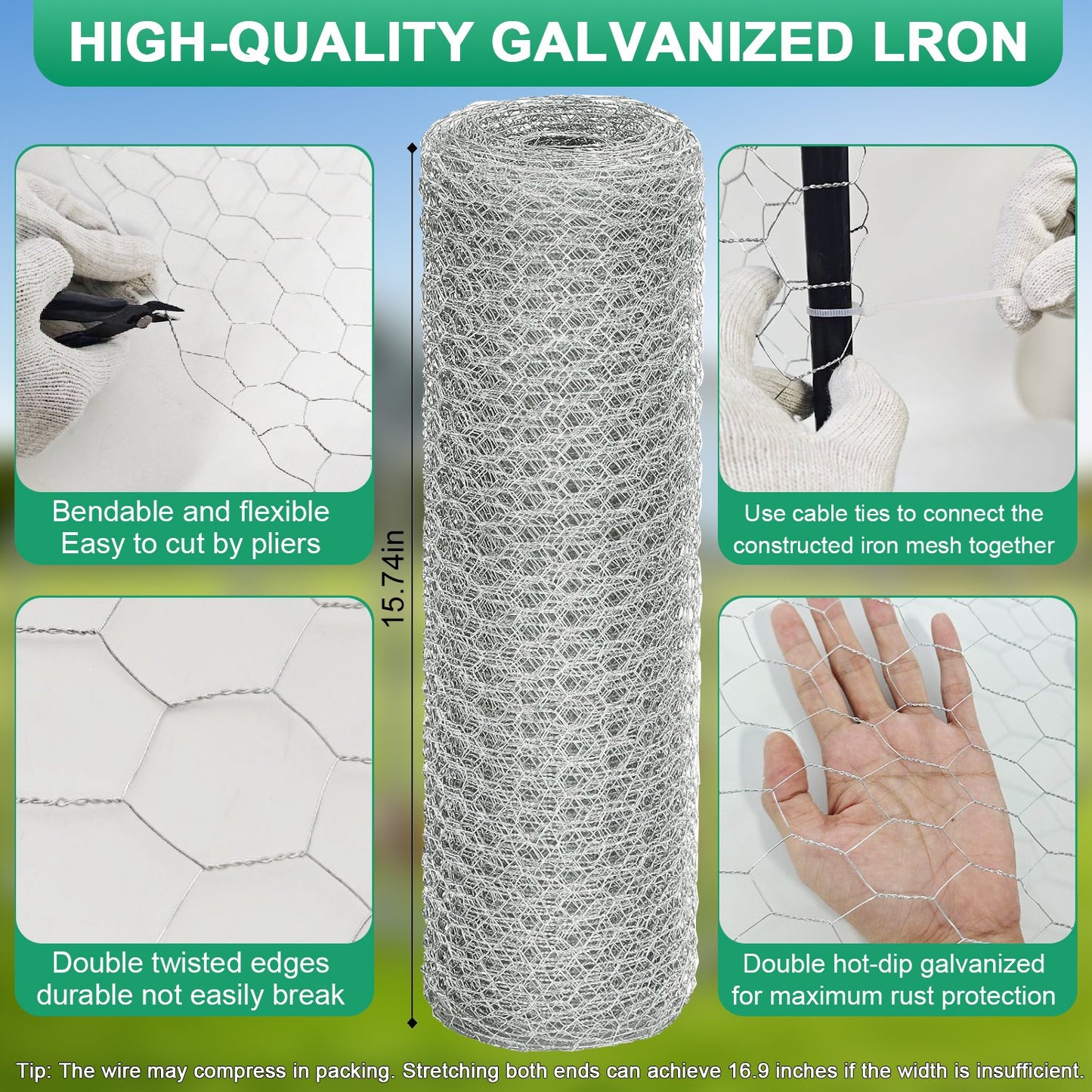 Merryhome Chicken Wire Fence Mesh, 15.7"x32ft Galvanized Hexagonal Netting – 0.6mm Wire for Garden, Poultry, Rabbits, Crafts, DIY, with Gloves, Pliers & Zip Ties