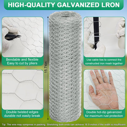 Merryhome Chicken Wire Fence Mesh, 15.7"x32ft Galvanized Hexagonal Netting – 0.6mm Wire for Garden, Poultry, Rabbits, Crafts, DIY, with Gloves, Pliers & Zip Ties