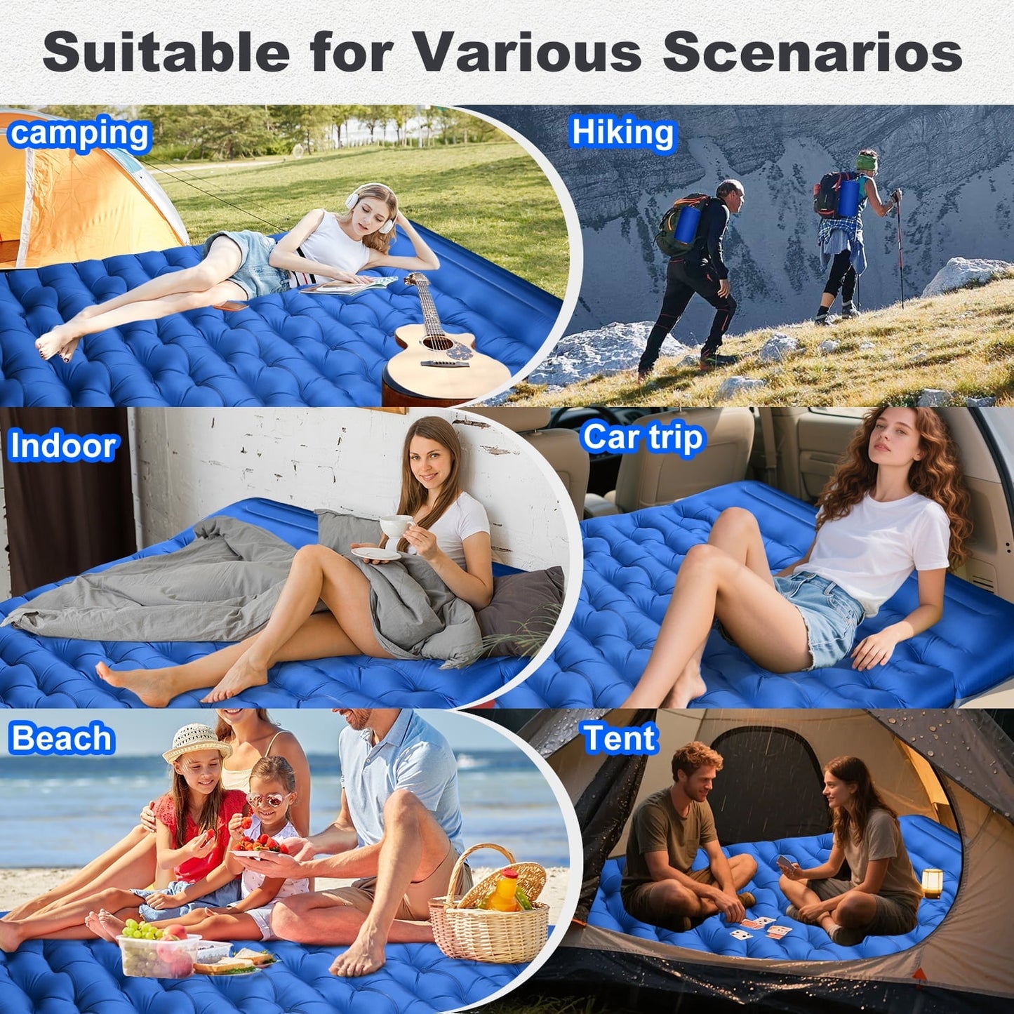 Double Camping Sleeping Pad, 6" Extra-Thick Reinforced Camping Sleeping Pad with Pillows & Built-in Foot Pump, Ultralight Self Inflating Air Mattress Mat for Tent Hiking Essentials Gear
