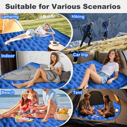 Double Camping Sleeping Pad, 6" Extra-Thick Reinforced Camping Sleeping Pad with Pillows & Built-in Foot Pump, Ultralight Self Inflating Air Mattress Mat for Tent Hiking Essentials Gear