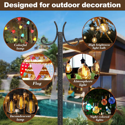 10-foot Outdoor Light Pole (2-Pack) - with Fork Bracket for String Lights, Patio and Deck, Weather Resistant and Height Adjustable - Easy to Install
