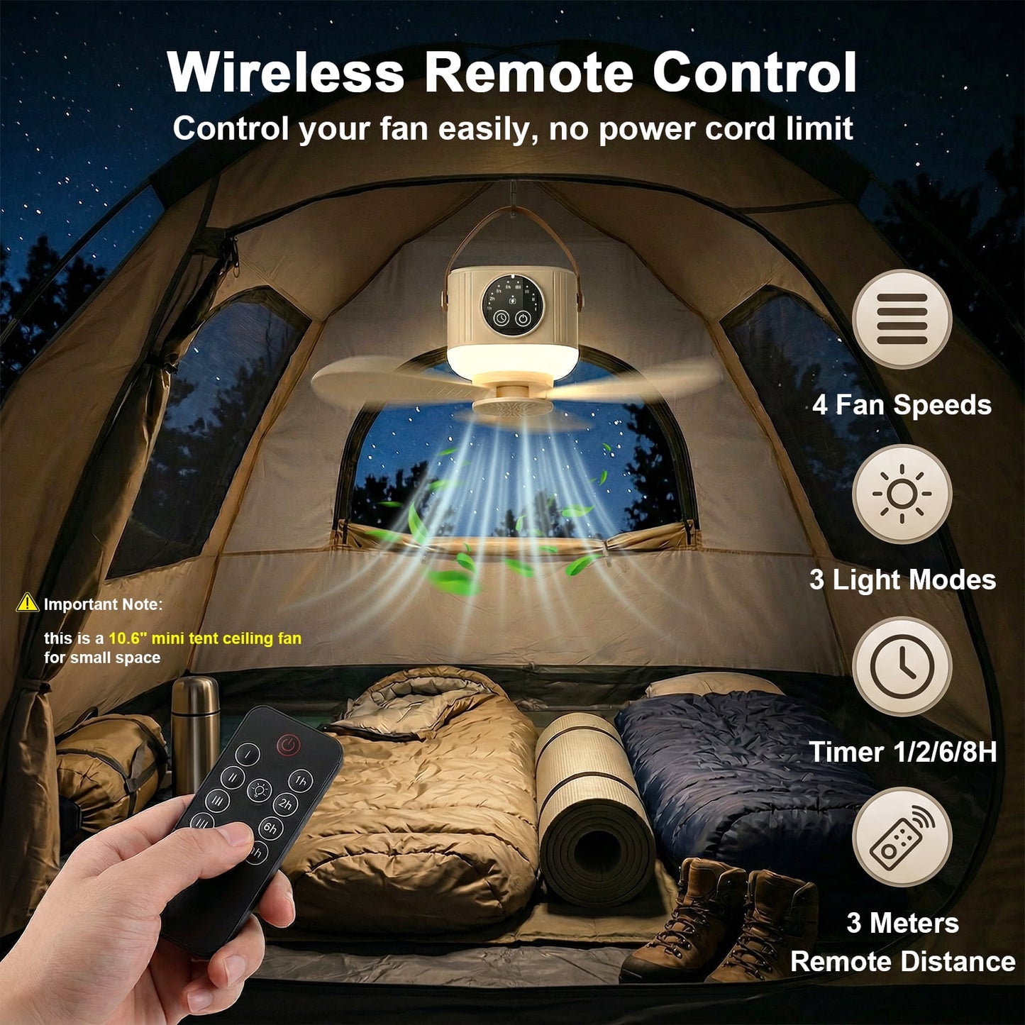Camping Fan with Light, 7200mAh Rechargeable Fan with Remote, 4 Speed Timer LED Lantern for Camping Travel Emergency, Khaki