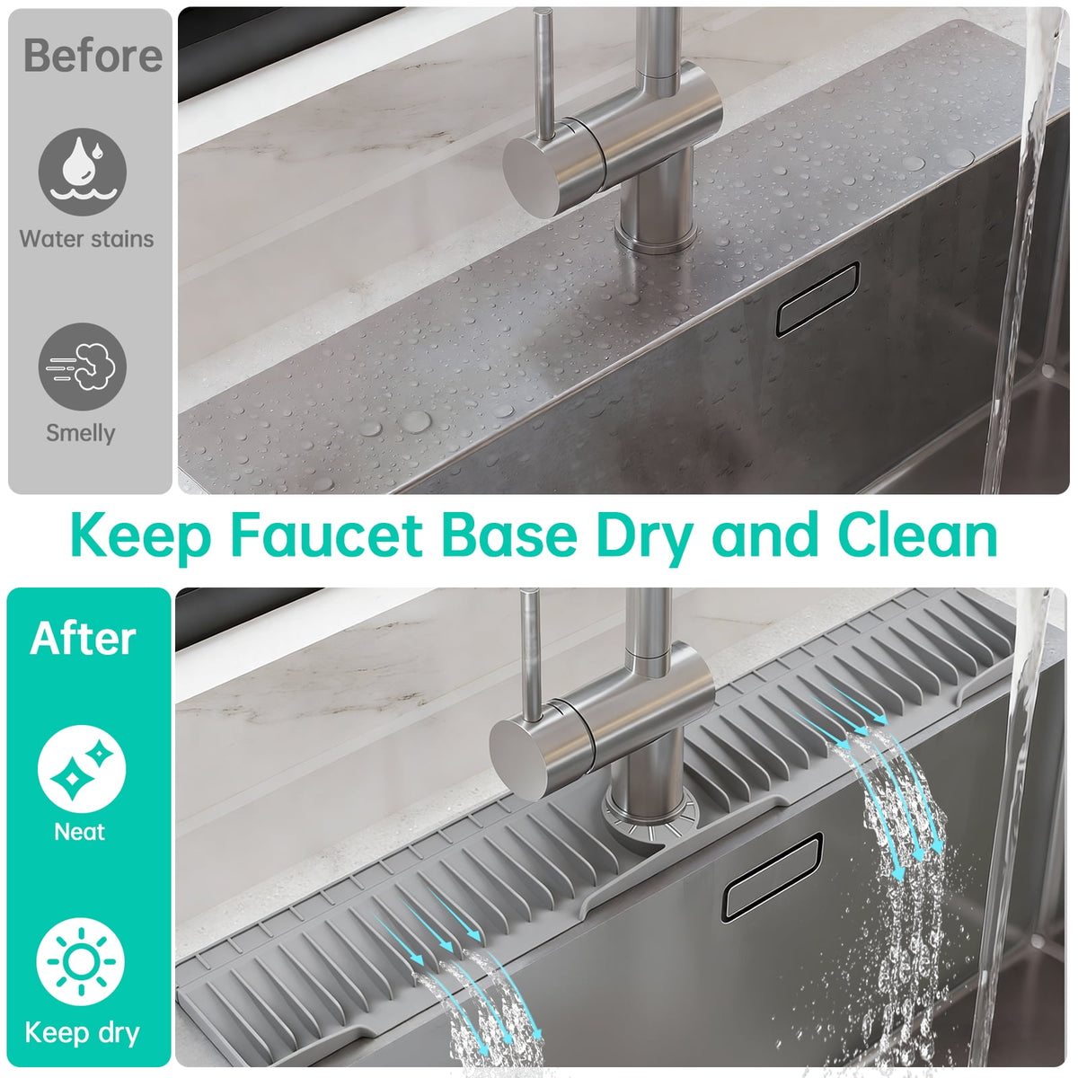 Merryhome 2-Pack Kitchen Sink Splash Guard, 31" and 23" Silicone Faucet Mat, Fast Draining Splash Guard for Kitchen, Bathroom, RV, Gray