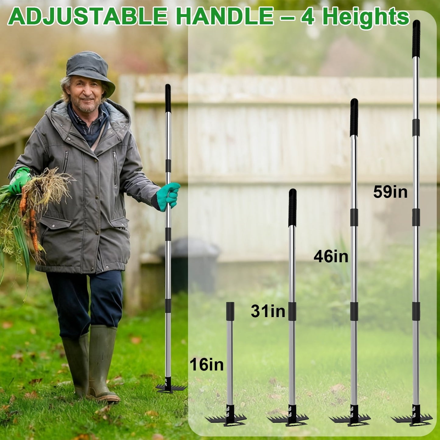 Merryhome 60″ Long‑Handle Weed Puller Tool – 11‑Teeth Steel Head Garden Weeding Tool & Lawn Dandelion Remover for Yard, Patio, Outdoor Use