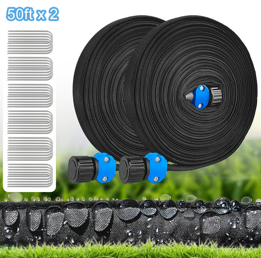 Henotian Flat Soaker Hose 100 ft with Stakes for Garden, 50ft x 2 Linkable Drip Saving Water, Leak-Free Design Water Hose with Holes