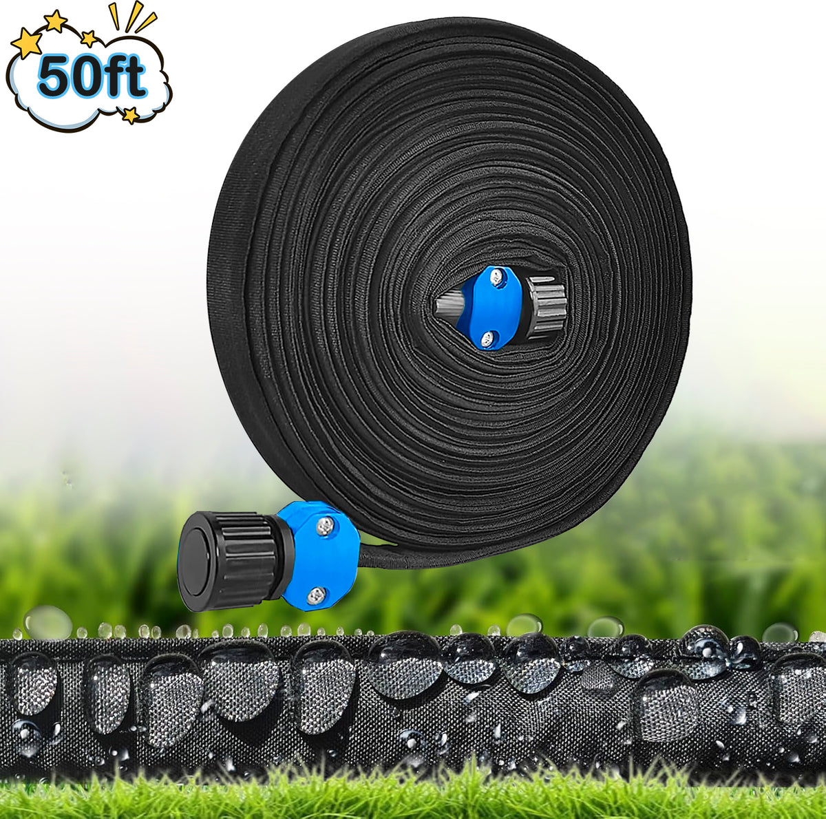 Merryhome Flat Soaker Hose 50 ft for Garden Beds, 50ft 1/2" Linkable Consistent Drip Irrigation Hose Save 80% Water, Leakproof Heavy Duty Double Layer Sprinkler Hose Black