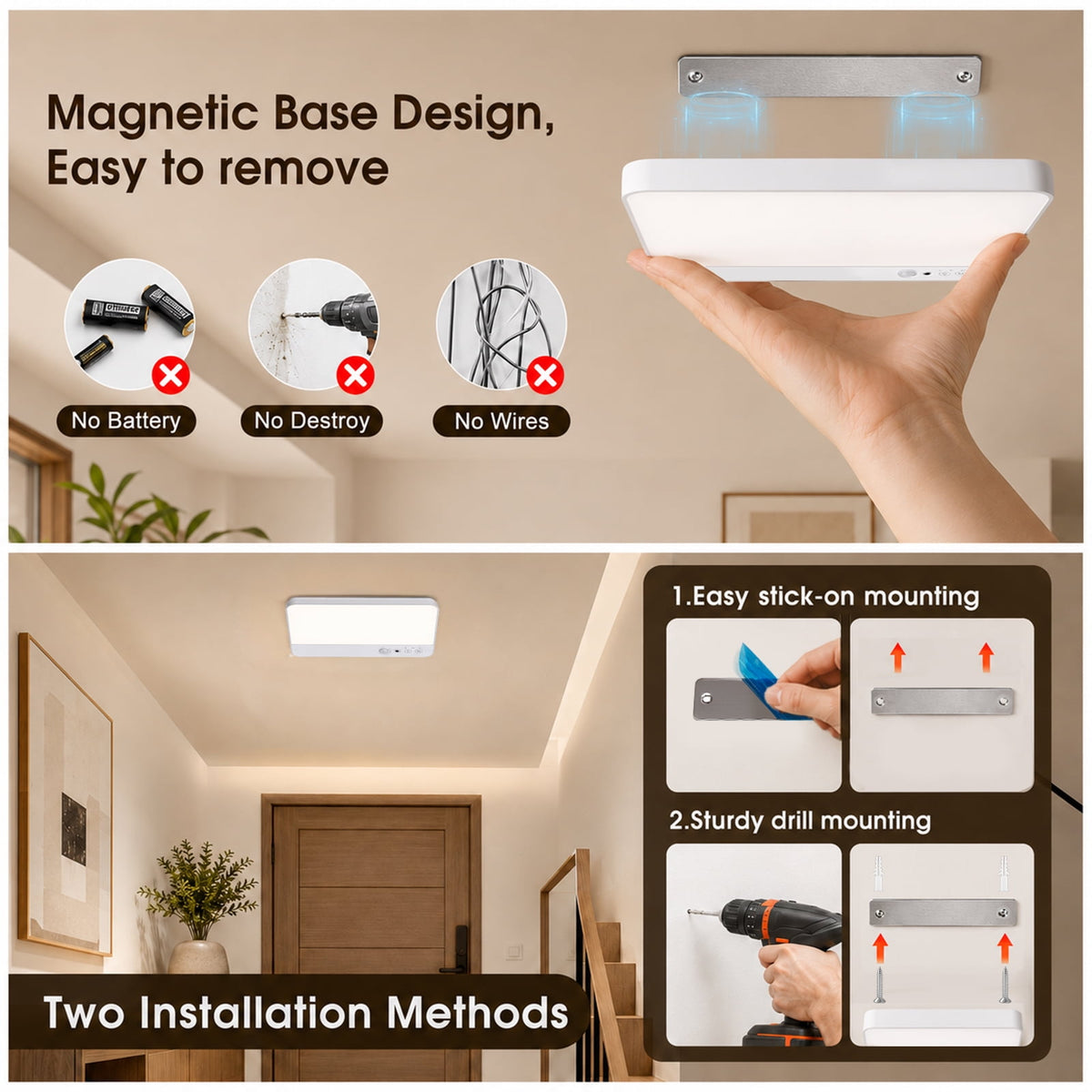 Merryhome Wireless Ceiling Light, Rechargeable Motion Sensor Ceiling Light with Remote, Magnetic Mount for Storage Room, Garage, Bathroom, Stairs, Doorway