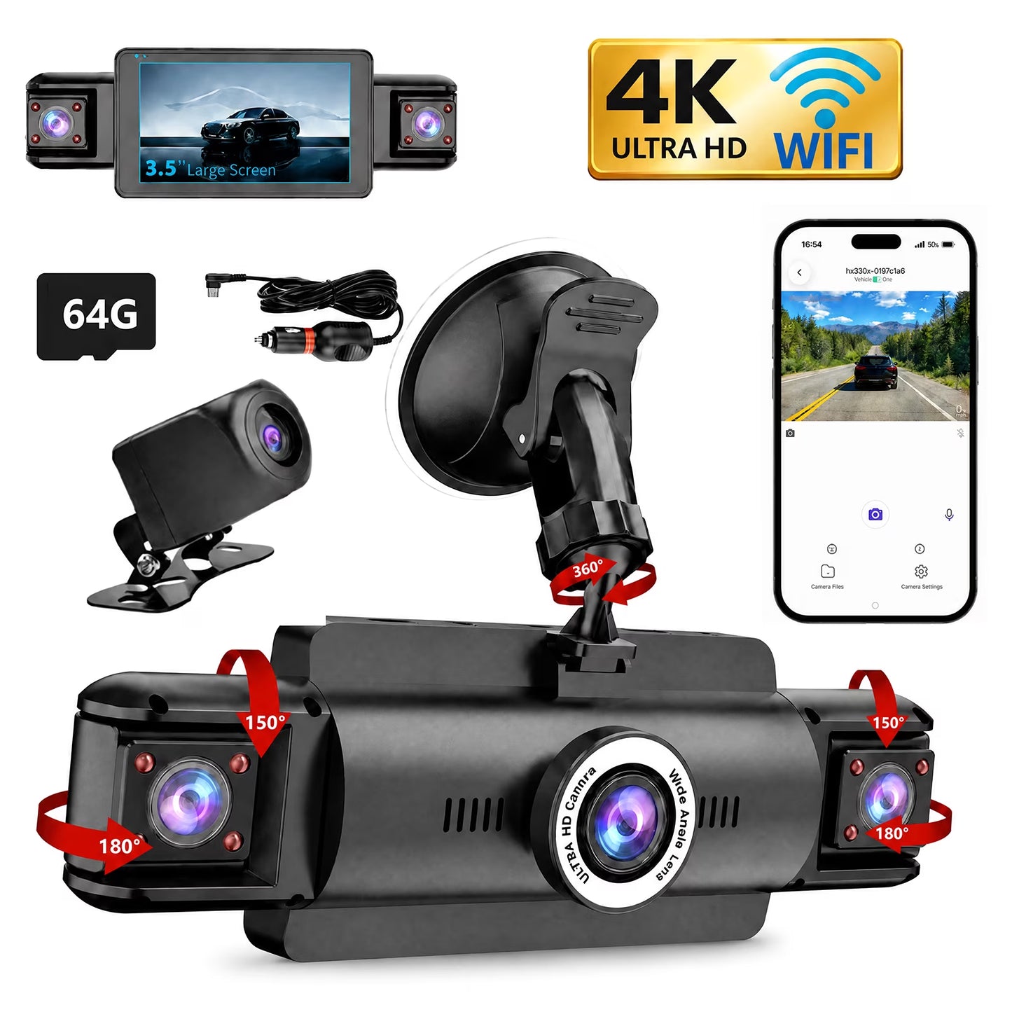 PUCACHI 4 Channel Dash Cam,4K 360 Full View Front Rear Left Right Car Camera, 2.4GHz WiFi App, Night Vision, G-Sensor, Loop Recording, 64GB Card