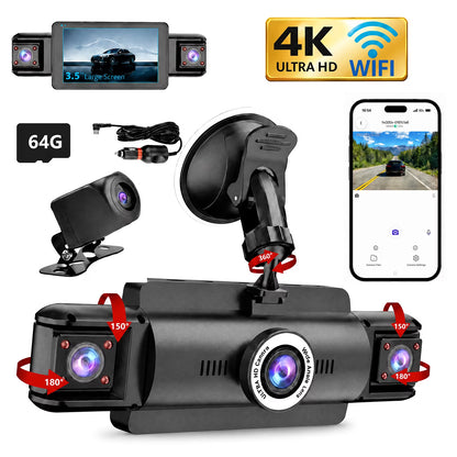 PUCACHI 4 Channel Dash Cam,4K 360 Full View Front Rear Left Right Car Camera, 2.4GHz WiFi App, Night Vision, G-Sensor, Loop Recording, 64GB Card