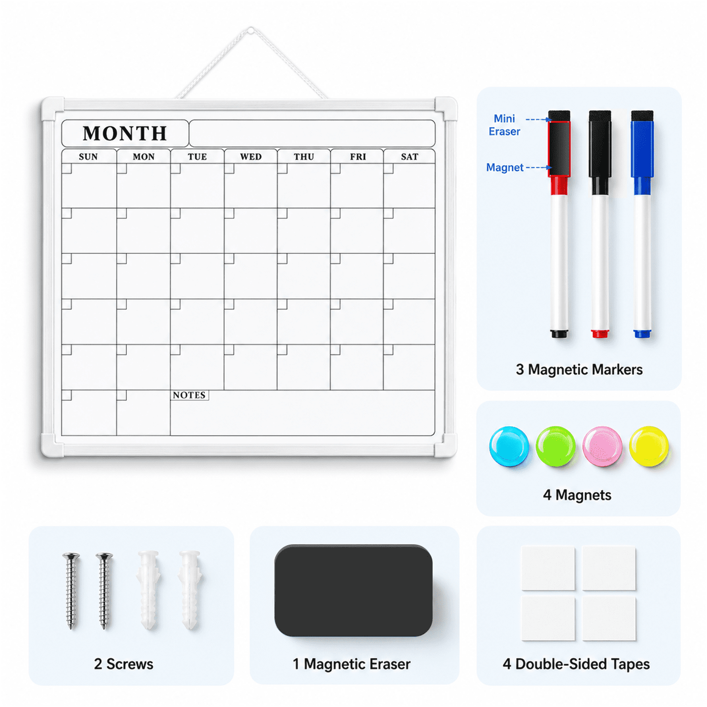 PUCACHI Monthly Calendar Whiteboard, 16 x 12 in Magnetic Dry Erase Calendar Board with Double-Sided Design, Markers and Magnets for Wall Home Office Kitchen School