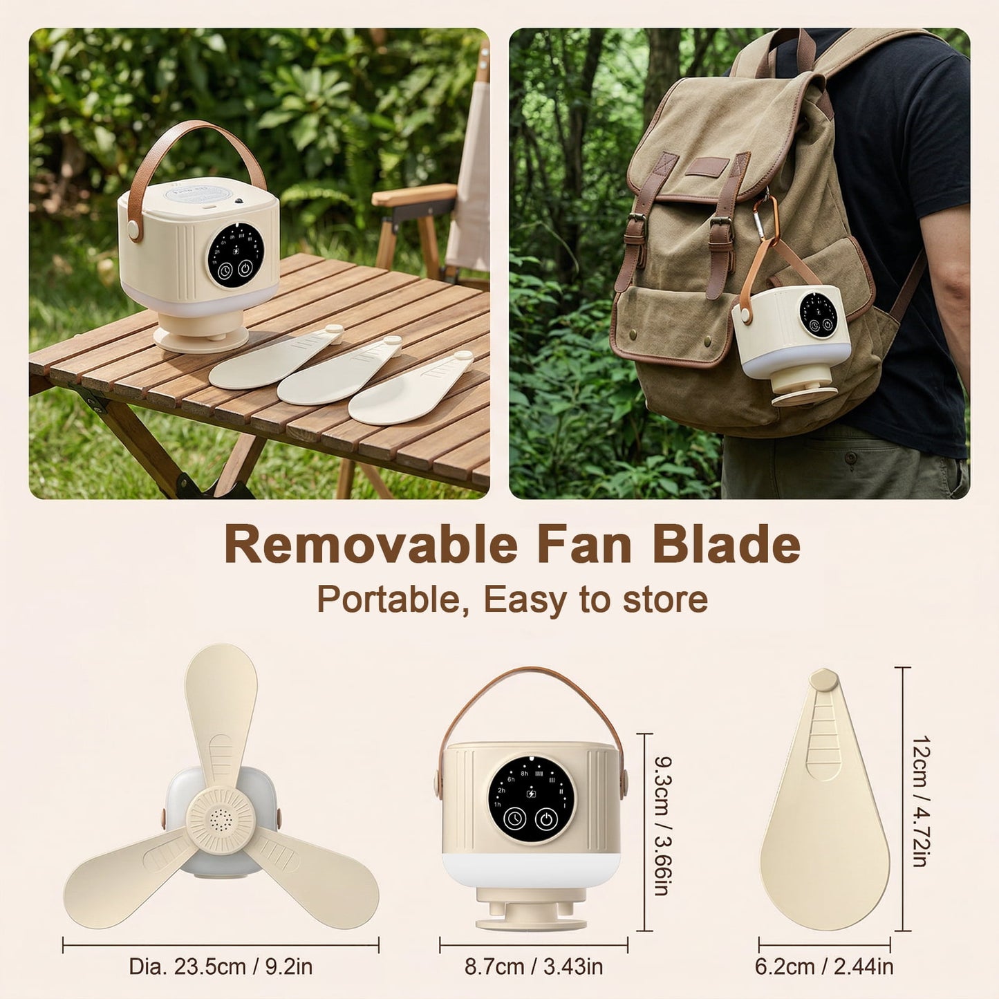 Camping Fan with Light, 7200mAh Rechargeable Fan with Remote, 4 Speed Timer LED Lantern for Camping Travel Emergency, Khaki