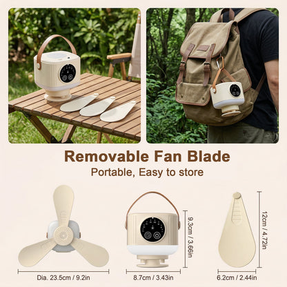 Camping Fan with Light, 7200mAh Rechargeable Fan with Remote, 4 Speed Timer LED Lantern for Camping Travel Emergency, Khaki