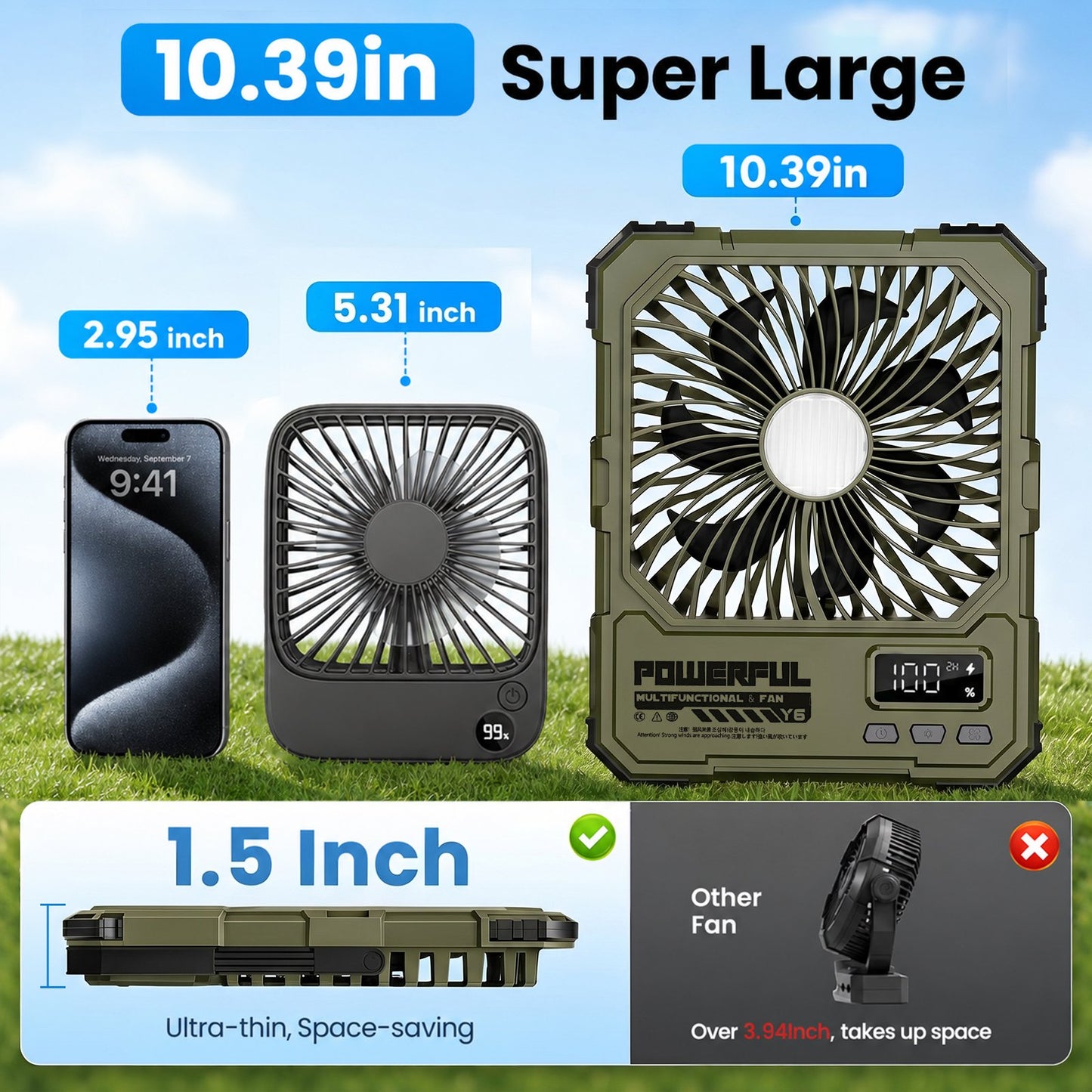 Portable Fan, Camping Fan, 20000mAh 18-85H Rechargeable Ultra Thin Foldable with Built-in Power Bank, Hook for Outdoor Camping Tent RV Travel (Green)