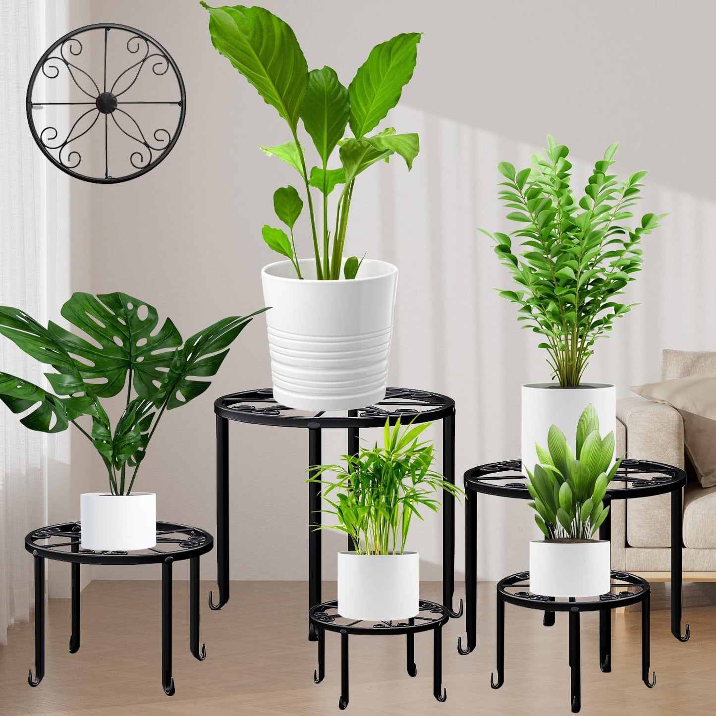 Hoofun Metal Plant Stand 5-Pack Plant Stand for Outdoor Plants Multiple Heavy Duty Flower Pot Stand Rust-Resistant Iron Round Plant Stand Black