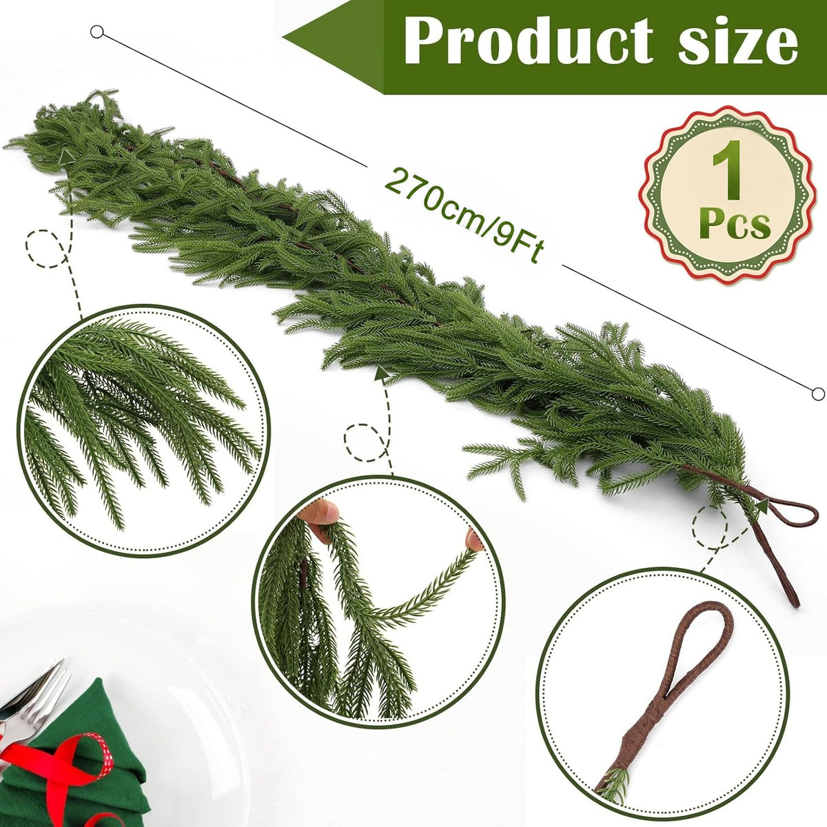 PUCACHI 9 Ft Christmas Garland,Artificial Norfolk Pine Garlands,Real Touch Winter Pine Garland,Artificial Greenery Garland for Table,Mantle,Indoor,Outdoor Christmas Decorations（Green,1Pcs）