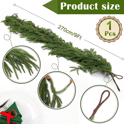PUCACHI 9 Ft Christmas Garland,Artificial Norfolk Pine Garlands,Real Touch Winter Pine Garland,Artificial Greenery Garland for Table,Mantle,Indoor,Outdoor Christmas Decorations（Green,1Pcs）