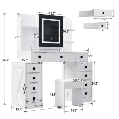 Farmhouse Vanity Desk With Sliding Mirror,Lights And Charging Station,Makeup Table Desk With Dimmable Led Light & Sponge Soft Stool, Makeup Vanity with 11 Drawers for Bedroom, White