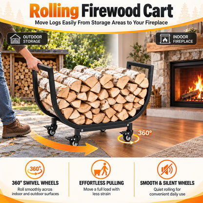 24in Firewood Rack with Wheels, Rustproof Heavy Duty Metal Log Holder, Outdoor Indoor Firewood Storage Organizer for Fireplace Patio Deck Firepit, Black