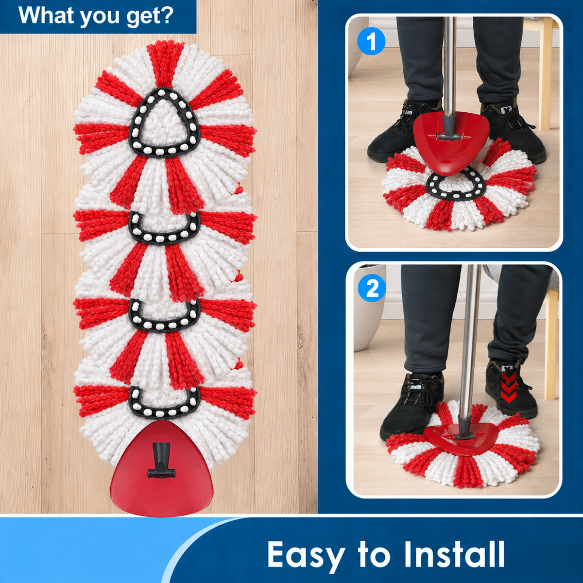 Merryhome Spin Mop Accessory,Spin Mop Replacement Heads 4 Pack with 1 Triangle Base and 58 inches Long Handle,Machine Washable