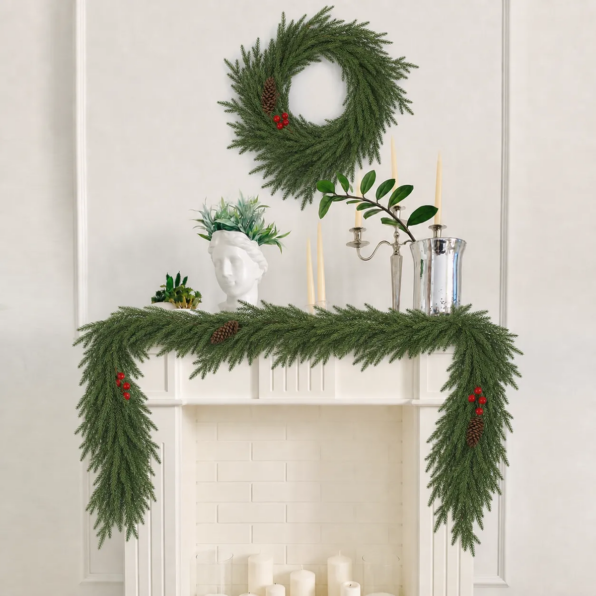 PUCACHI 2 Pcs 6 Ft Christmas Garland,Artificial Norfolk Pine Garlands with Red Berries Pinecone,Artificial Greenery Garland for Table,Mantle,Indoor,Outdoor Christmas Decorations（Green）
