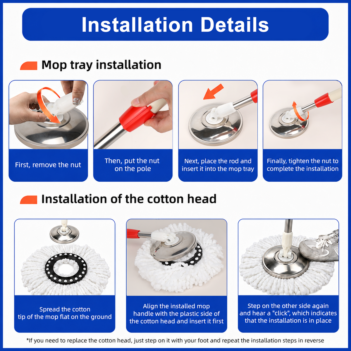 Spin Mop Replacement Handle,47 inch 360°Rotating Telescopic Replacement Mop Stick with 1 Stainless Steel Disc Base - 3 Microfiber Mop Replacement Heads,Suitable for Floors,Walls,Outdoor Areas