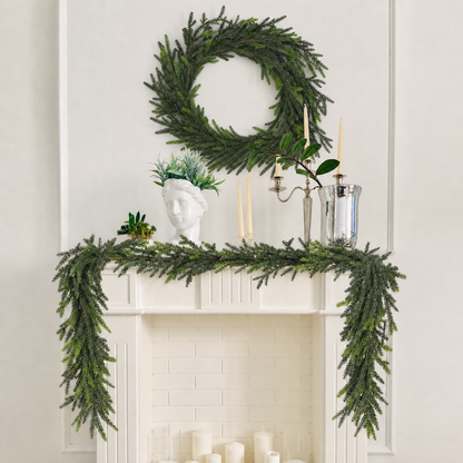 PUCACHI 9 Ft Christmas Garland,Artificial Norfolk Pine Garlands,Real Touch Winter Pine Garland,Artificial Greenery Garland for Table,Mantle,Indoor,Outdoor Christmas Decorations（Green,1Pcs）