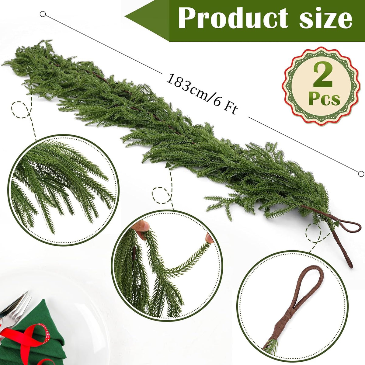 PUCACHI 2 Pcs 6 Ft Christmas Garland,Artificial Norfolk Pine Garlands with 40 LED Lights,Artificial Greenery Garland for Table,Mantle,Window,Indoor,Outdoor Christmas Decorations（Green）
