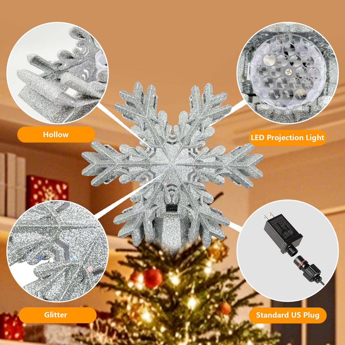 PUCACHI Silver Star Tree Topper with LED Rotating Star Projector Light for Indoor Outdoor Christmas Decoration