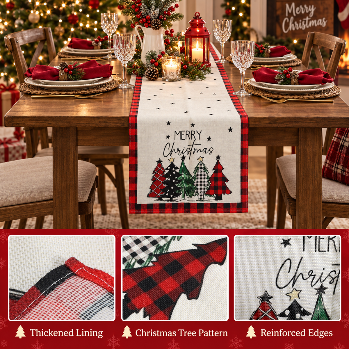 Christmas Placemat Set, 7 Pcs Christmas Table Decor, 6 Placemats with 1 Table Runner, Christmas Tree Pattern, Washable Xmas Kitchen Dining Table Decoration for Holiday Party