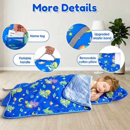 Teblint Thickened Toddler Nap Mat with Removable Pillow & Minky Blanket, 51''x20'' Sleeping Bag, Washable, Roll up, Perfect for Daycare, Preschool, Kindergarten, Boys and Girls Blue