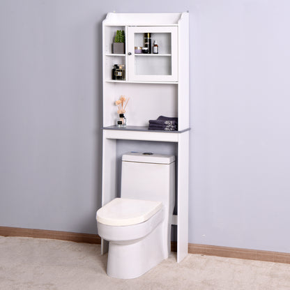 Over the toilet Storage Cabinet, Freestanding Space Saver Bathroom Storage Rack with Open Storage Cabinet and Glass Doors & Anti-Tip Device, White Finish