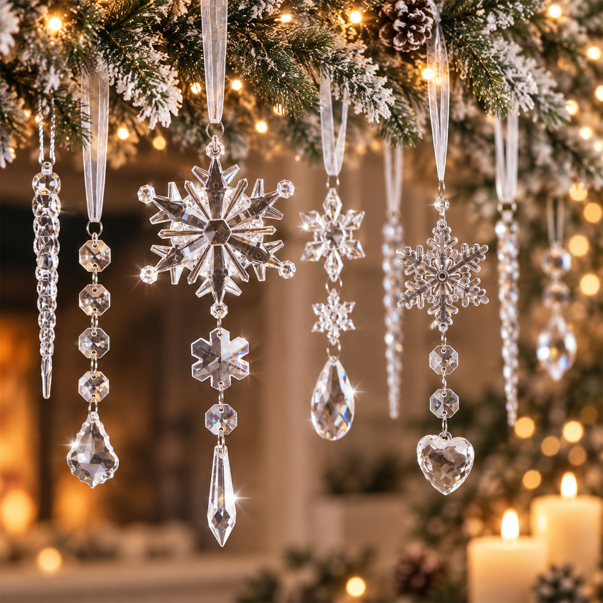 Christmas Decoration Crystal Ornaments, 21Pcs Acrylic Hanging Ornaments, Snowflake Icicle Drop Shaped Decorations for Christmas Tree, Winter Holiday Party