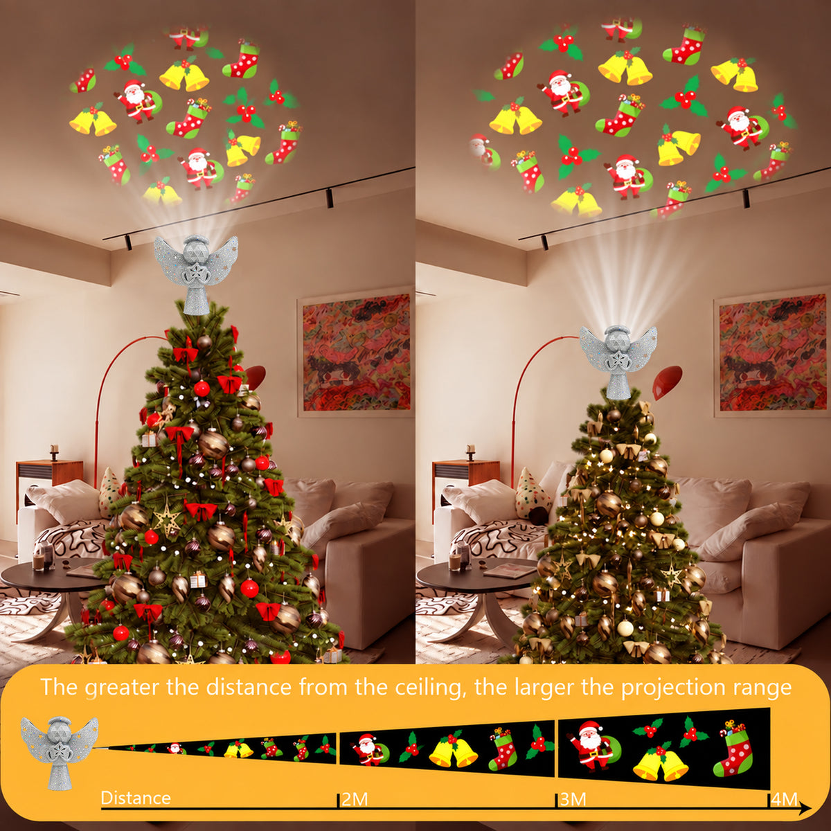 Christmas Tree Toppers Lighted, Christmas Angel Tree Topper with Built-in LED Rotating Lights, 3D Glitter Projection for Xmas Party Holiday Decorations