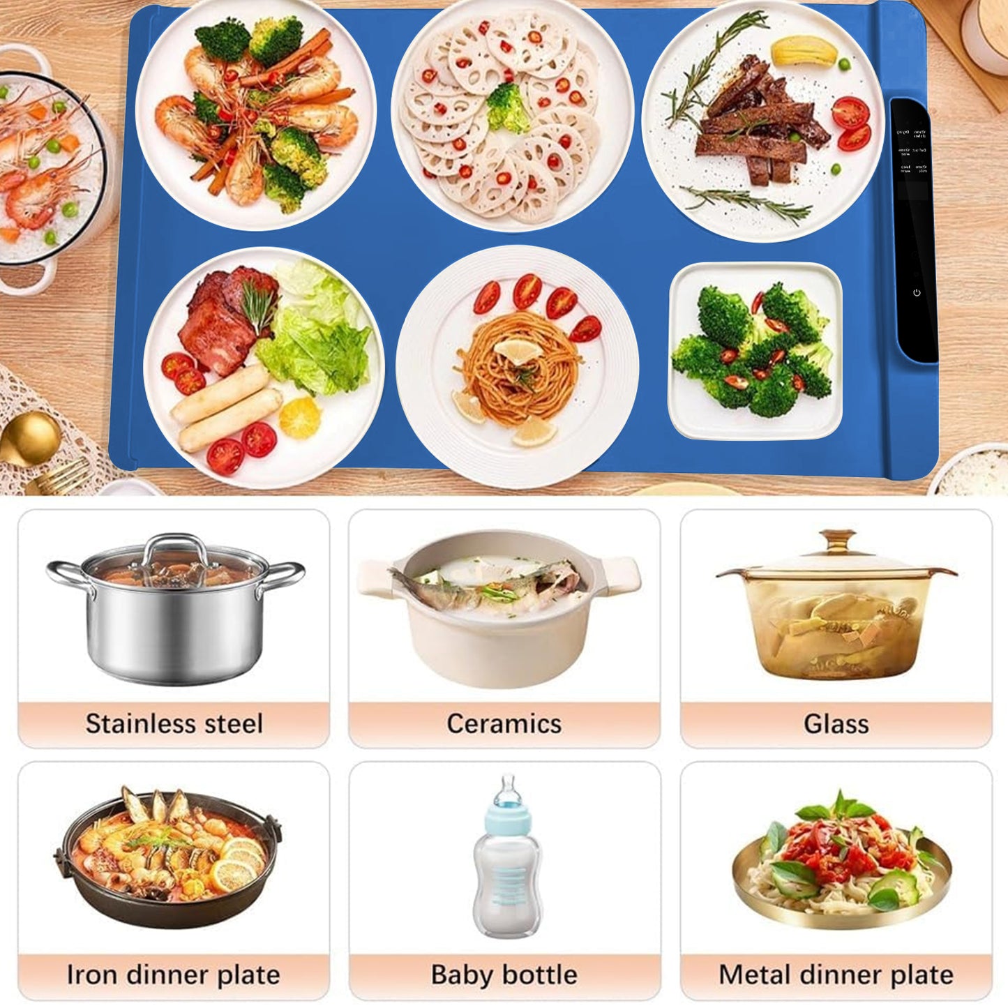 Food Warming Mat with 10 Level Temperature,Warming Mat for Food,Fast Heating Silicone Electric Warming Tray for Party,Family Dinner,Residential,Commercial,Travel（Blue）