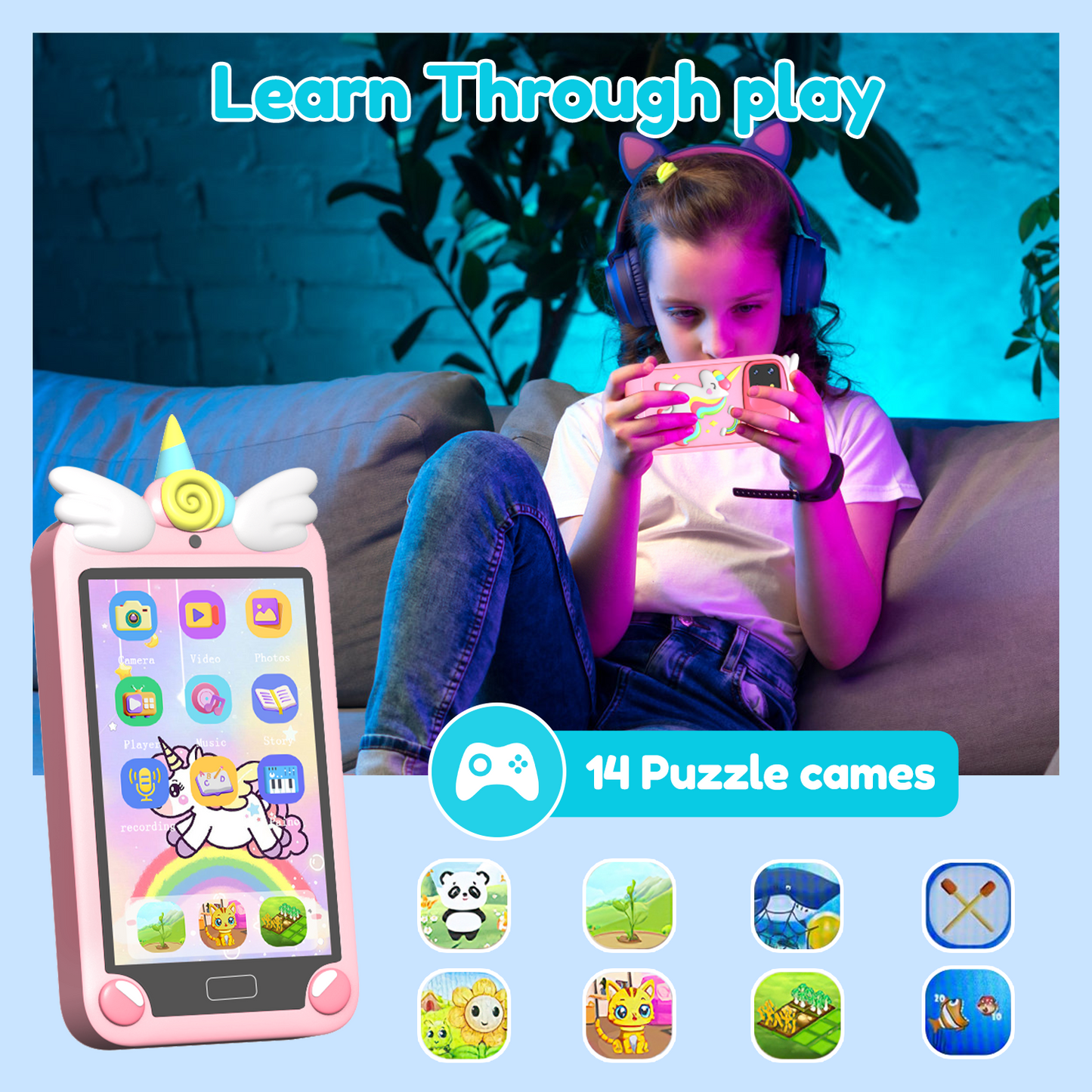 Hoofun Kids Smart Phone for Girls with 4.0" Large Touchscreen, 32G Card Christmas Birthday Gifts for Age 3-10 Kid Toys Cell Phone with Holographic Pyramid, Dual Lens, Music Player Pink