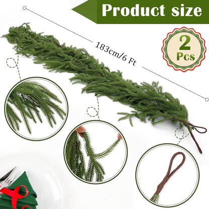 PUCACHI 2 Pcs 6 Ft Christmas Garland,Artificial Norfolk Pine Garlands,Real Touch Winter Pine Garland,Artificial Greenery Garland for Table,Mantle,Indoor,Outdoor Christmas Decorations（Green）