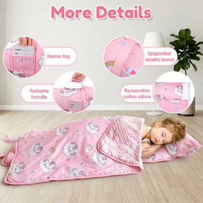 Teblint Thickened Toddler Nap Mat with Removable Pillow & Minky Blanket, 51''x20'' Sleeping Bag, Washable, Roll up, Perfect for Daycare, Preschool, Kindergarten, Boys and Girls Pink
