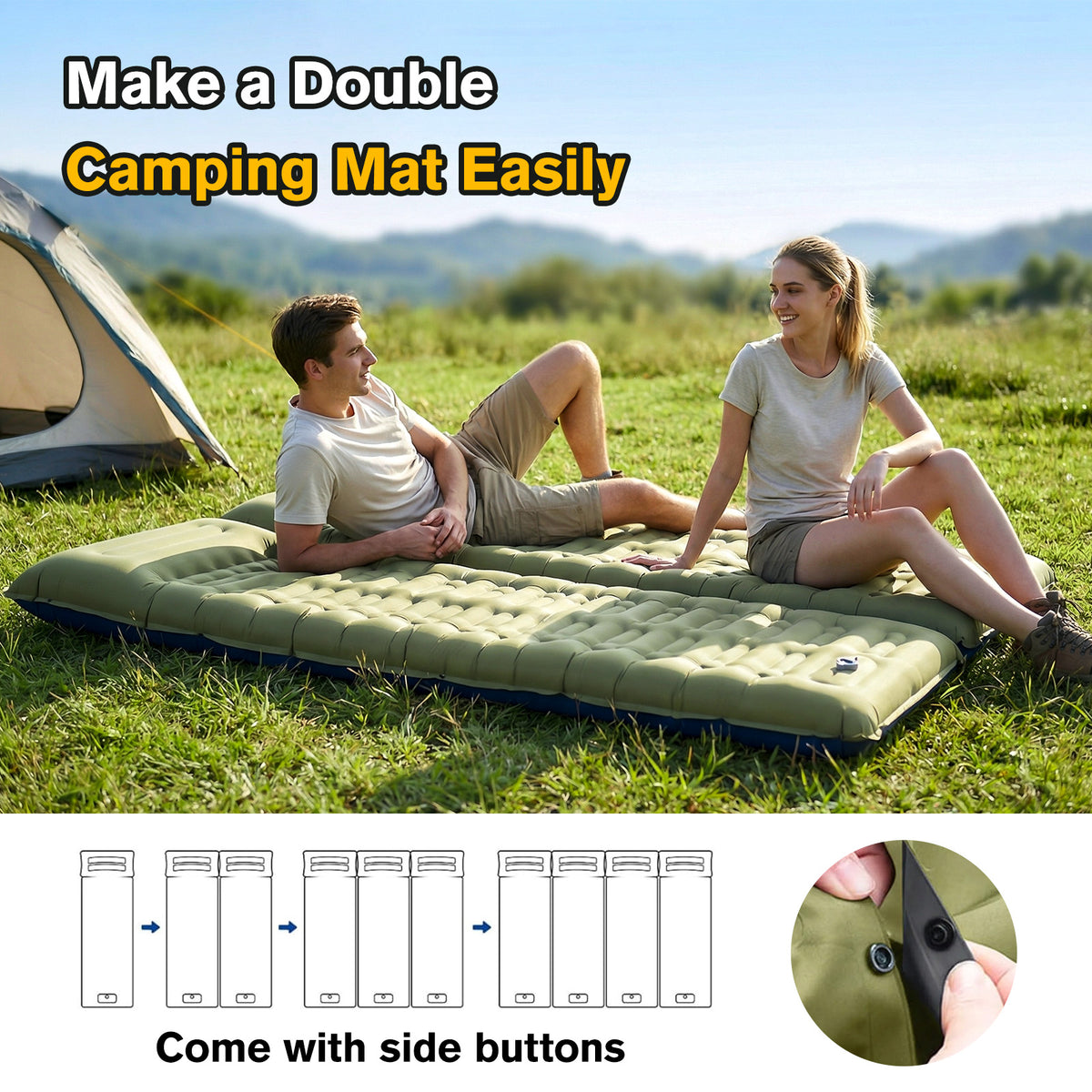 Merryhome Sleeping Mat for Camping,6" Extra-Thick Reinforced Sleeping Pad with Pillows & Built-in Foot Pump,Ultralight Self Inflating Air Mattress Mat for Tent Hiking Essentials Gear（Single,Green）