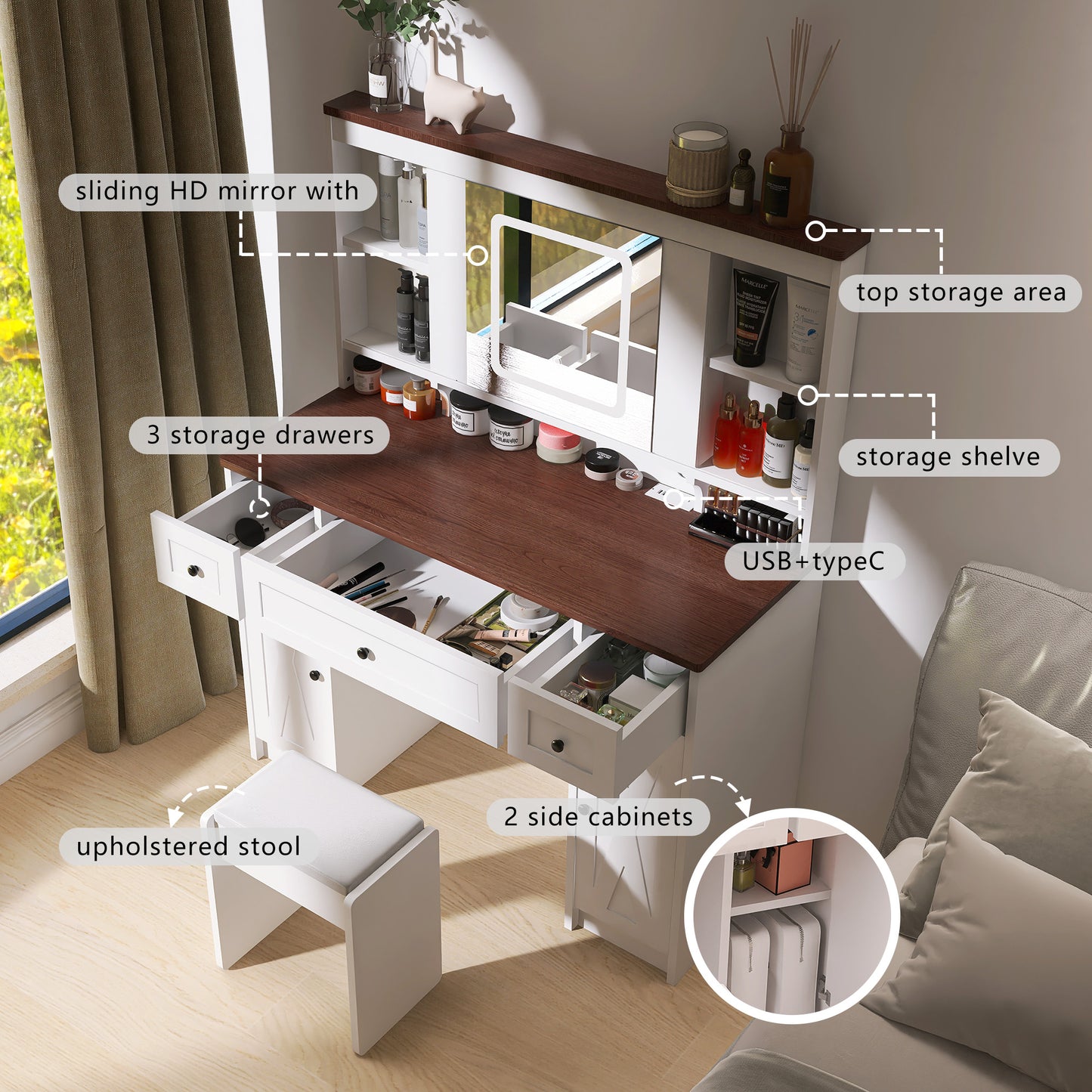 Farmhouse Vanity Desk With Mirror And Lights, Adjustable Lighting 3 Modes Makeup Mirror, Makeup Table With Power Strip, Cushioned Stool For Bedroom