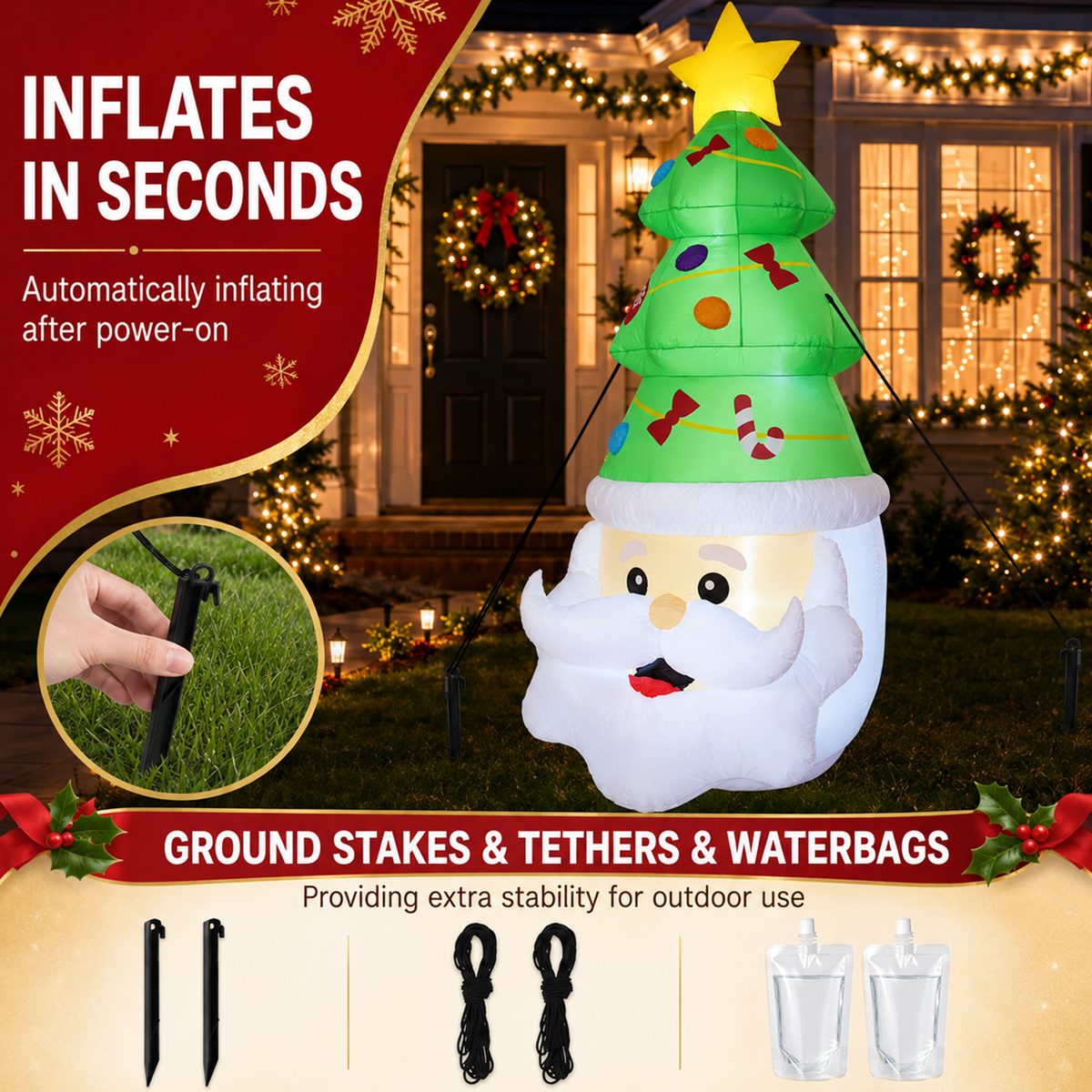 PUCACHI 8FT Christmas Inflatable Santa Claus and Tree Decoration, Built-in LED Lights Blow Up for Party Lawn Holiday Winter Outdoor Decor